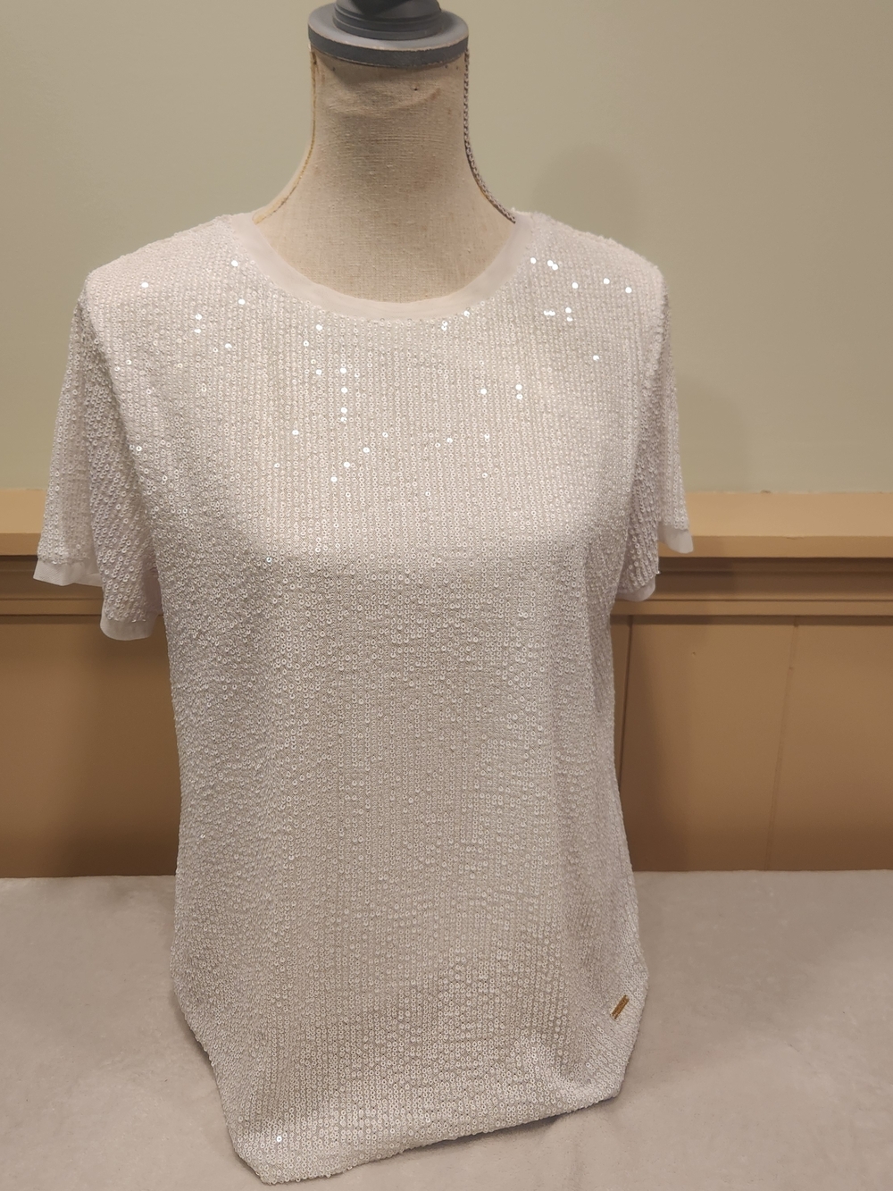 Anne Klein White Sequin Short-Sleeve Top Large